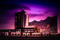 Dusk Cityscape with Iconic Skyscraper and Tower Block Against a Purple Sky