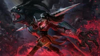 Fierce Warrior Girl Battling Demonic Beasts in a Fiery Fantasy Realm