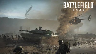 Intense combat scene in Battlefield 2042 featuring soldiers, a tank, and an aircraft amidst a chaotic battlefield.