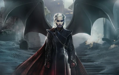 Daenerys Targaryen in einer dunklen, dramatischen Umgebung mit Drachenflügeln, die ihre Macht und Intensität zeigt.