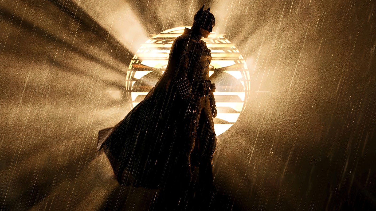 Batman in the rain with a light shining through the background (the batman 2022, movie, batman, batsignal)