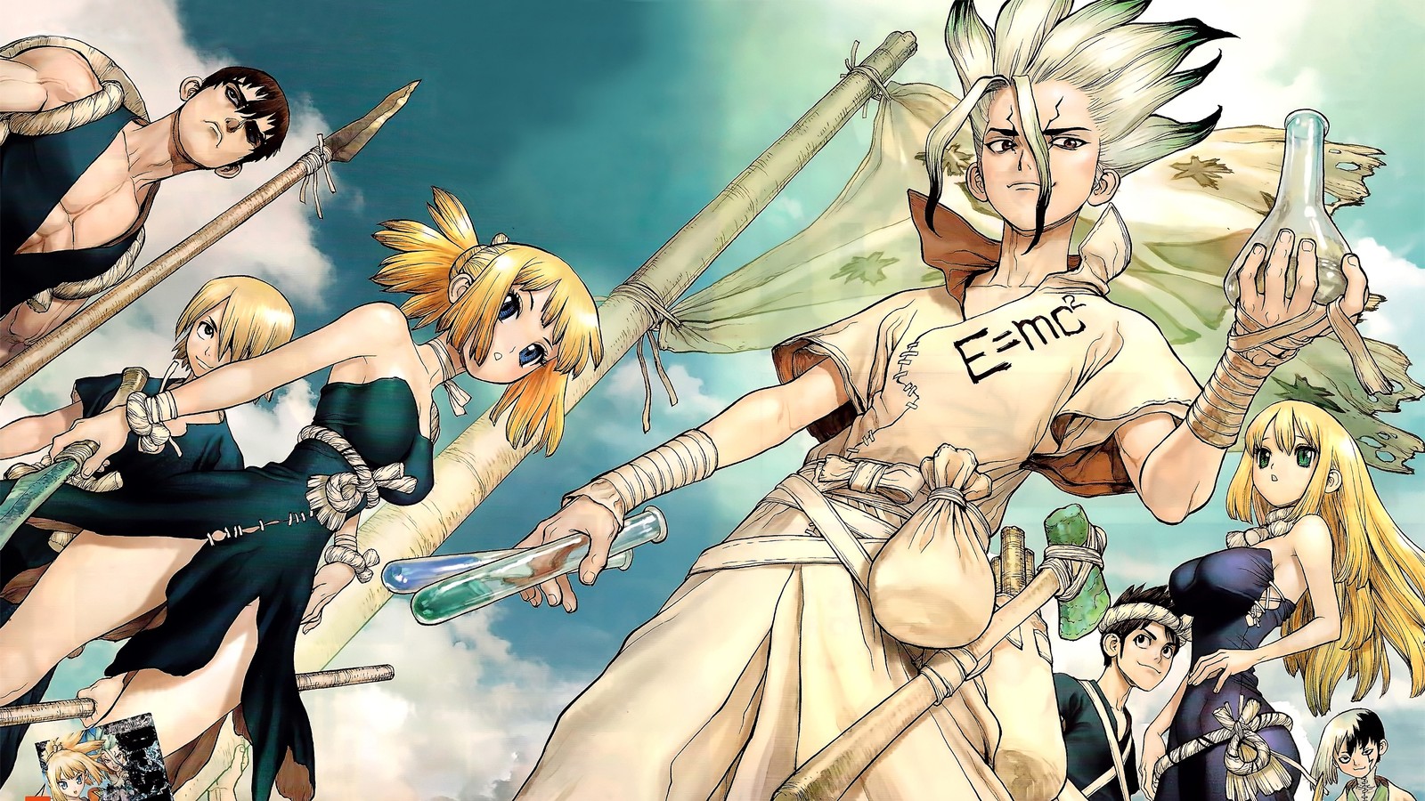 A group of anime characters with swords and a woman (dr stone, anime, senku ishigami, kohaku, chrome)