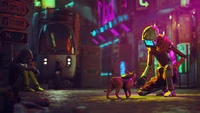 A futuristic robot kneels to interact with a stray cat in a vibrant, neon-lit alley, capturing the essence of companionship in a dystopian world.