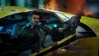 V en action : Armé et prêt depuis un véhicule futuriste dans Cyberpunk 2077.