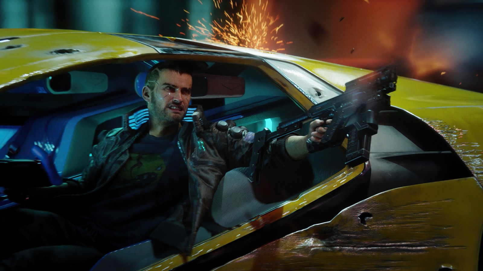 Un hombre en un coche con una pistola en la mano (cyberpunk 2077, videojuego, v, coche)