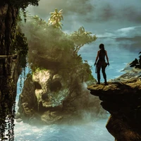 Lara Croft Navigates a Mysterious Watercourse in a Lush, Sunlit Landscape