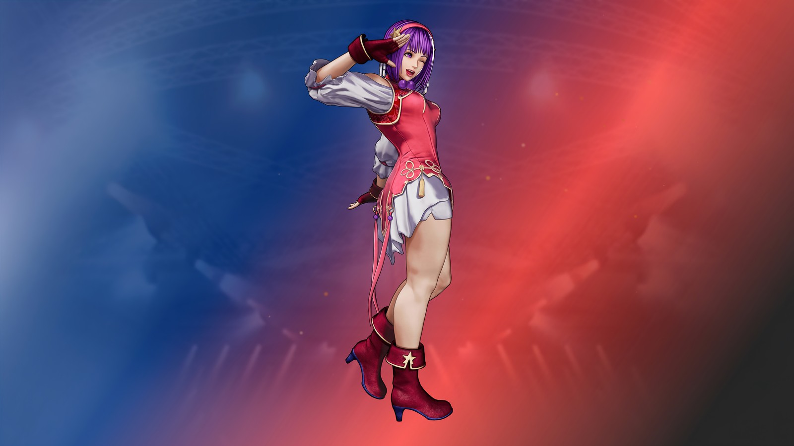 Un primer plano de una persona con una camisa roja y pantalones cortos blancos (athena asamiya, the king of fighters xv, kof 15, videojuego)