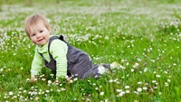 Säugling erkundet eine blumenreiche Wiese im Frühling