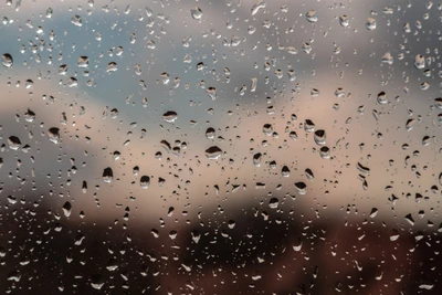 Regentropfen auf Glas gegen einen sanften Morgenhimmel