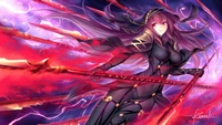 Scathach, le Lancer de Fate/Grand Order, brandissant ses lances emblématiques au milieu d'une tempête d'énergie cramoisie.