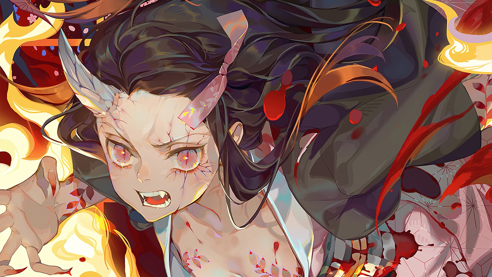 nezuko kamado, demon form, demon slayer kimetsu no yaiba, anime, 鬼滅の刃 wallpaper