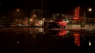 Reflexão noturna de um Ford Mustang e um Bugatti Centodieci em ruas molhadas com luzes de néon