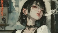 Chica de anime elegante con gafas, fumando en un entorno urbano