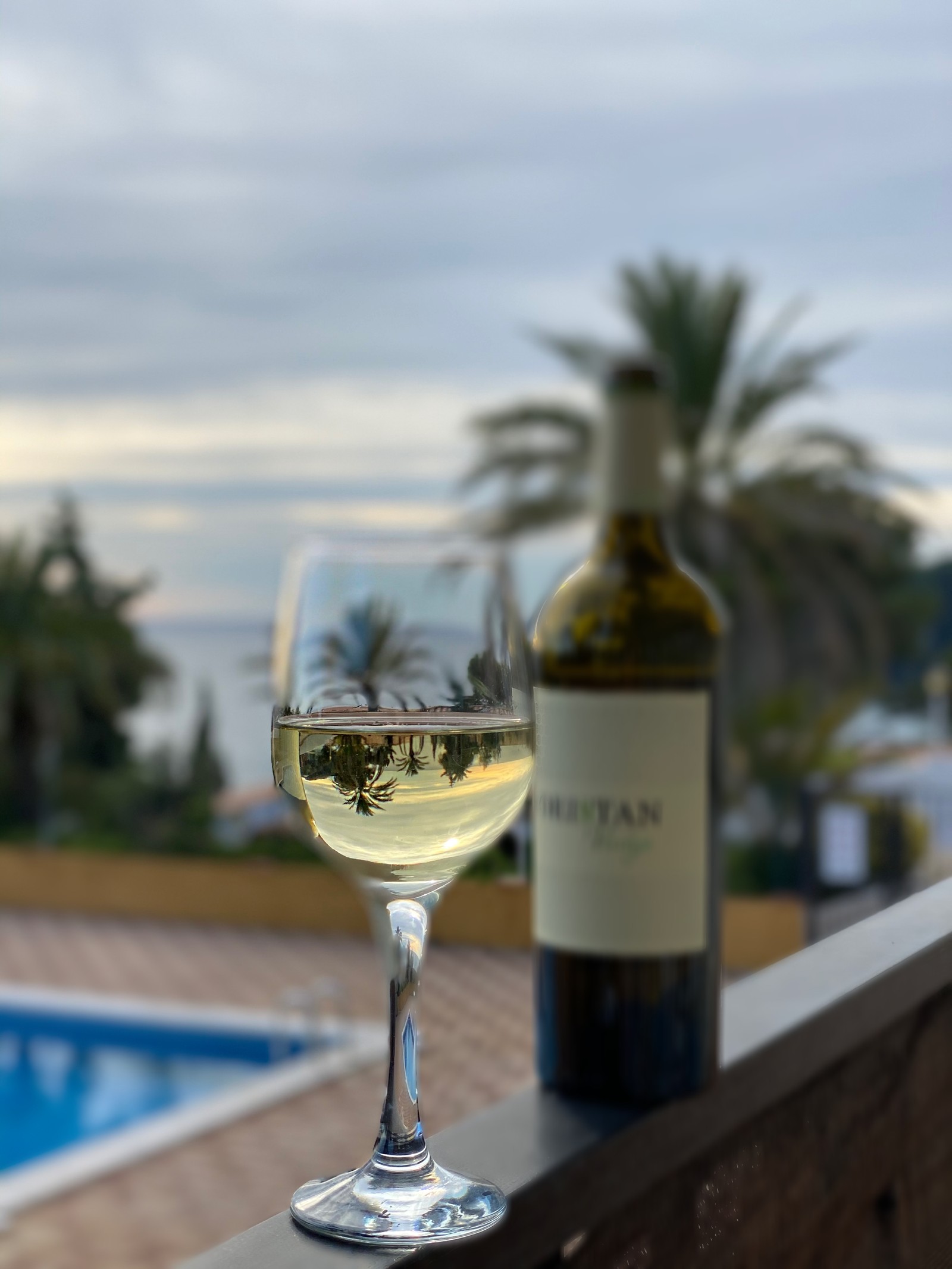 Hay una copa de vino en una mesa junto a una botella de vino (bebida, vino, copa de vino, agua, cristalería)