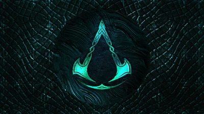 Logo von Assassin's Creed Valhalla mit einem stilisierten Emblem auf einem strukturierten dunklen Hintergrund.