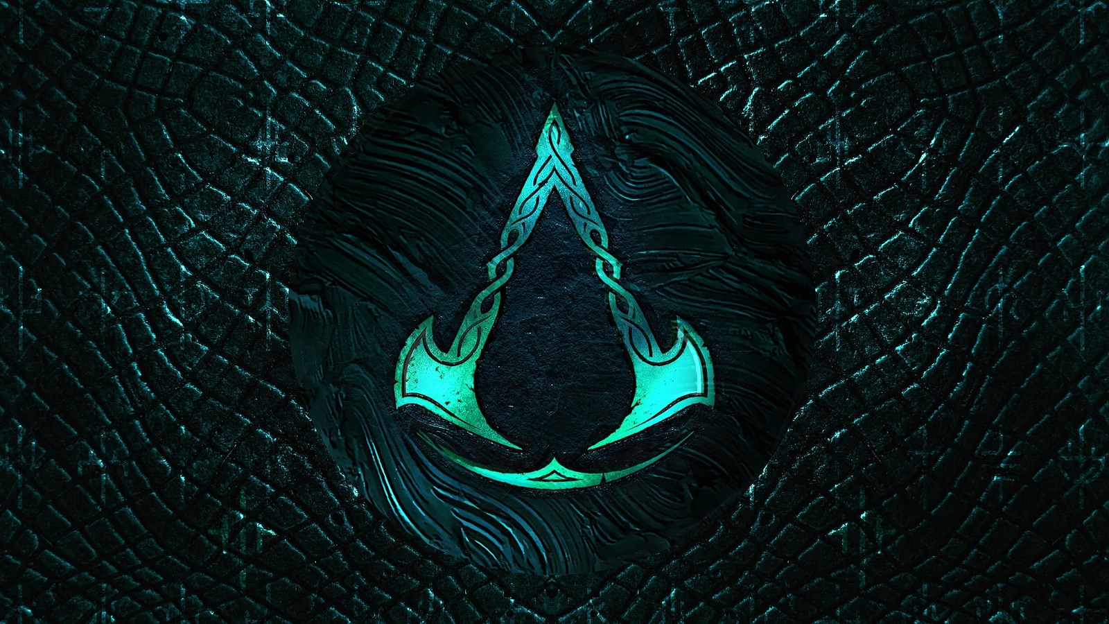 Um close-up de um logotipo verde e preto em um fundo de couro preto (assassins creed valhalla, ac valhalla, jogo de vídeo, logotipo)