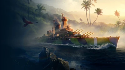 Bataille épique de navires de guerre dans un paysage tropical - Art de World of Warships Legends