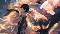 Tobio Kageyama entre corvos ao pôr do sol em Haikyuu!