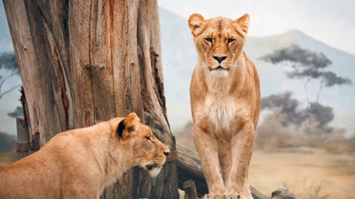 A majestic lioness stands confidently beside another lioness, set against a serene African landscape with distant mountains.