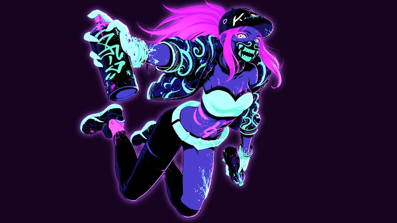 Крупный план человека с скейтбордом в неоновом наряде (акали, akali, kda, league of legends, lol)