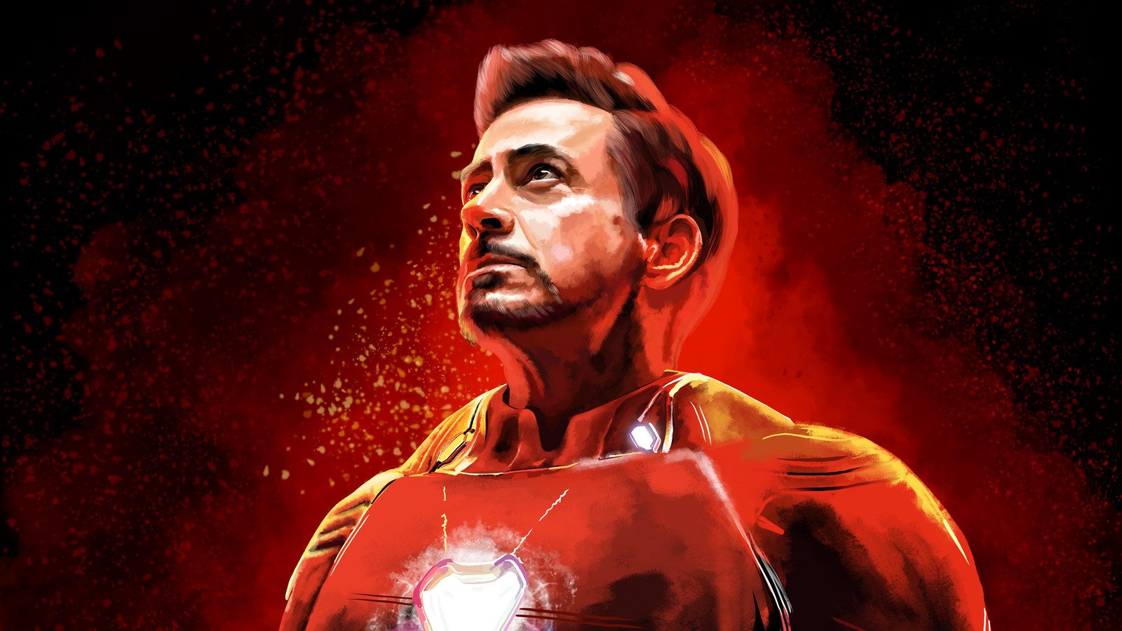 Картина железного человека в красной рубашке и красном фоне (tony stark, роберт дауни мл, robert downey jr, комиксы, marvel comics)