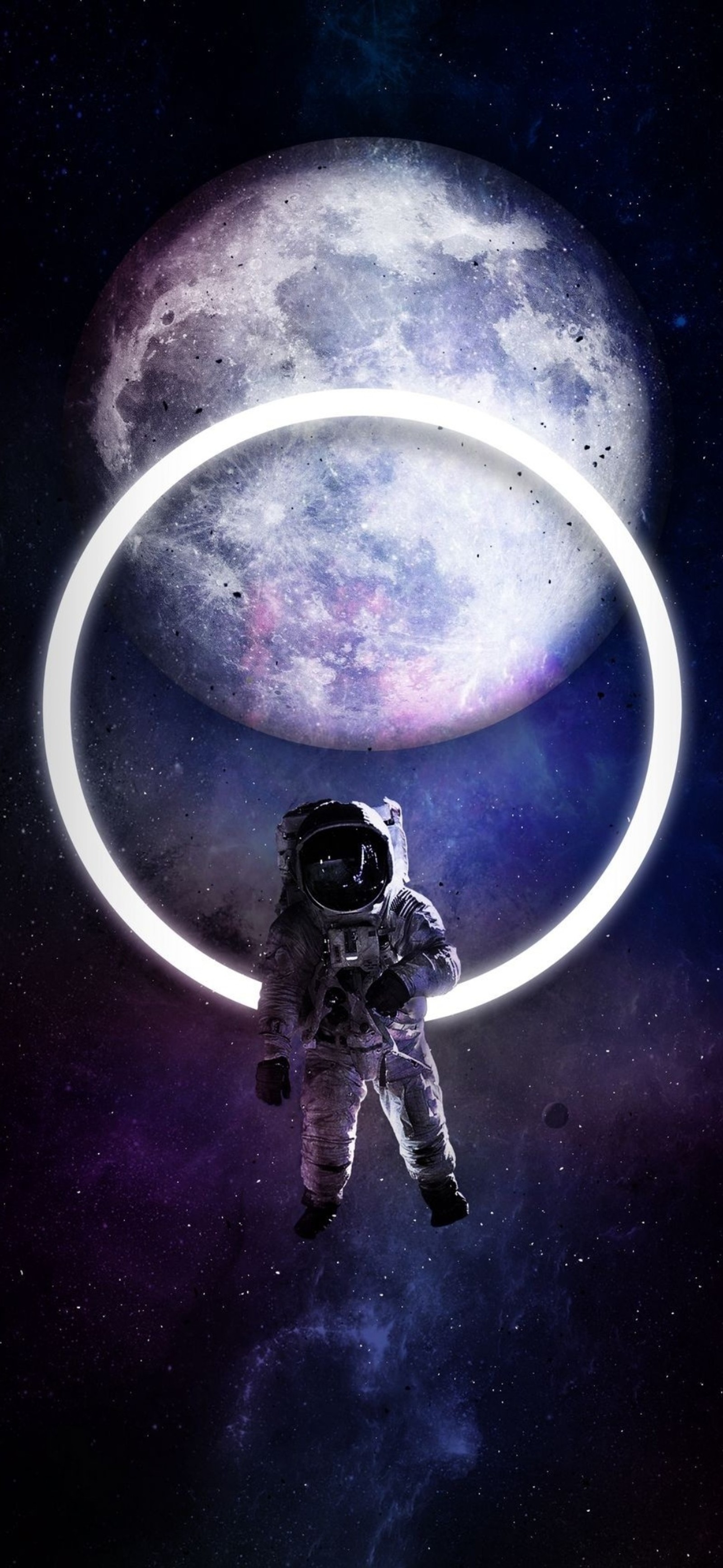 An astronaut floating in the air with a ring around his neck (atmosphere, outer space, space, light, natural environment)