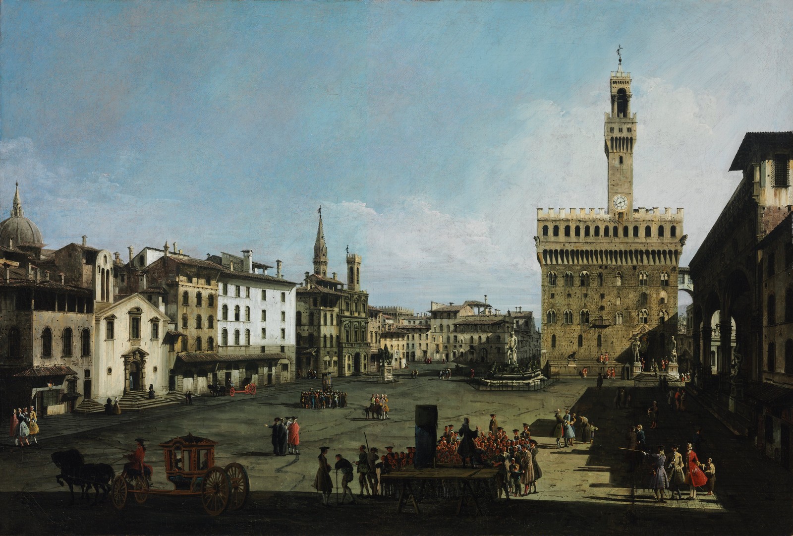 Arafed view of a city with a clock tower and a horse drawn carriage (city, town, public space, town square, human settlement)