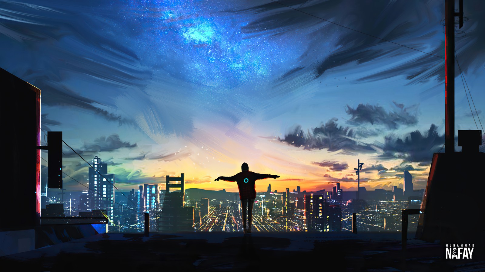 Anime, anime, stadt, nacht, himmel, stadtlandschaft (nacht, stadt, schattenriss, himmel, landschaft)