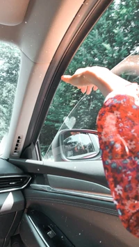 Hand Reaching Out from a Car Window with Reflection in Mirror