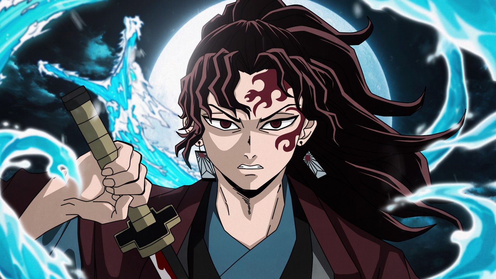 Un hombre con cabello largo sosteniendo una espada frente a una luna llena (yoriichi tsugikuni, asesino de demonios kimetsu no yaiba, demon slayer kimetsu no yaiba, 5k, anime)