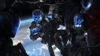 Futuristic Space Soldiers with Skull Visors in Orbit