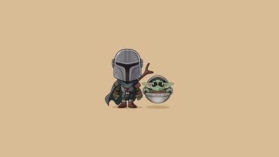 Chibi Mandalorian mit Baby Yoda in einer verspielten Pose