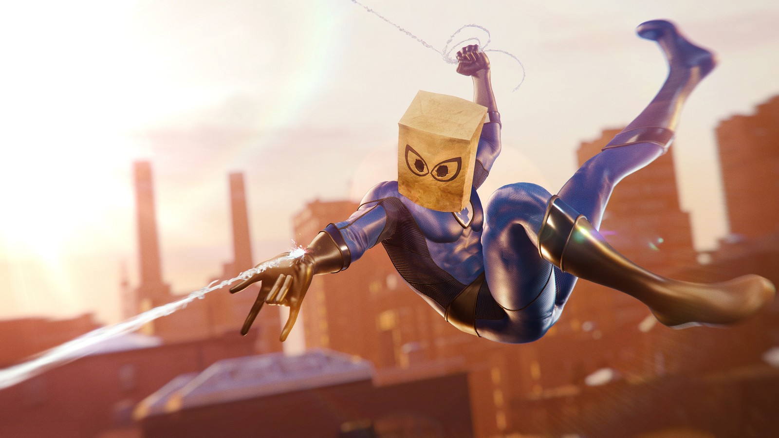 A close up of a person in a suit flying through the air (spider man, fantastic four, insomniac games, marvel comics, animation)