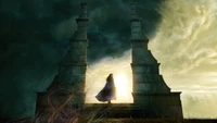 A Mysterious Figure Stands Before Ancient Pillars Under a Dramatic Sky