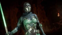 Jade from Mortal Kombat 11 in a striking pose with a green energy weapon.