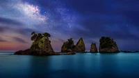 minokake rock, milky way, dawn, night, sunset wallpaper