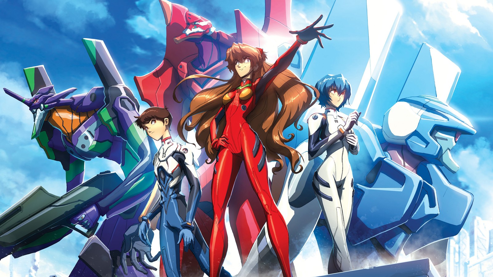 A group of anime characters standing in front of a blue sky (neon genesis evangelion, artwork, evangelion unit 01, evangelion unit 00, evangelion unit 02)