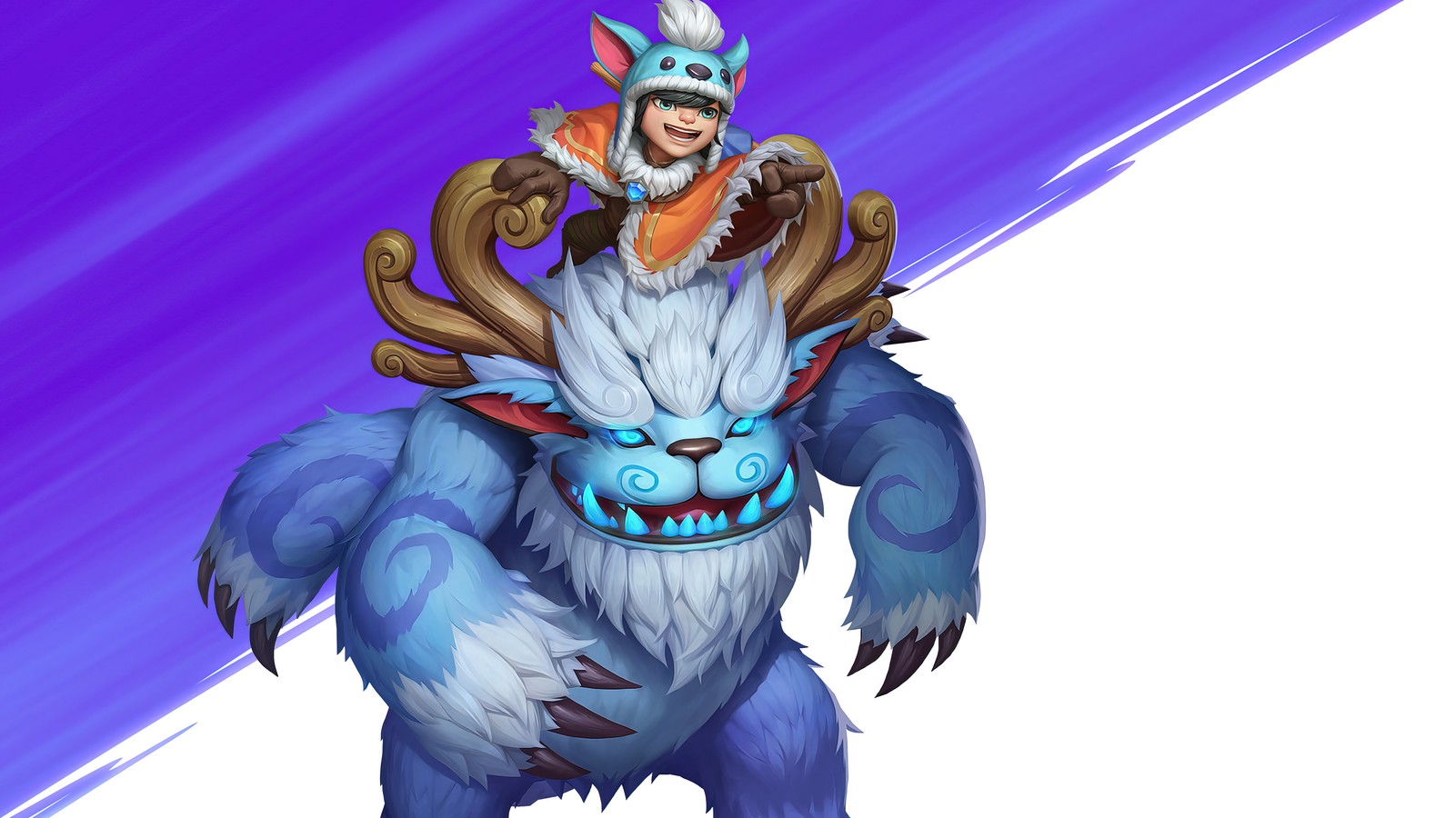 A cartoon image of a man riding a monster with a helmet on (nunu, willump, league of legends, lol, video game)