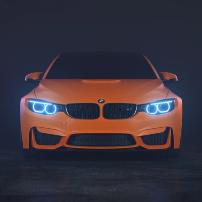 Впечатляющий вид спереди оранжевого BMW M4, с выдающейся решеткой и характерным синим автомобильным освещением.