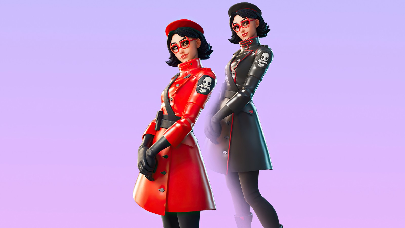 Dos mujeres en trajes rojos y negros de pie una al lado de la otra (fortnite, fortnite battle royale, videojuego, calle, piel)