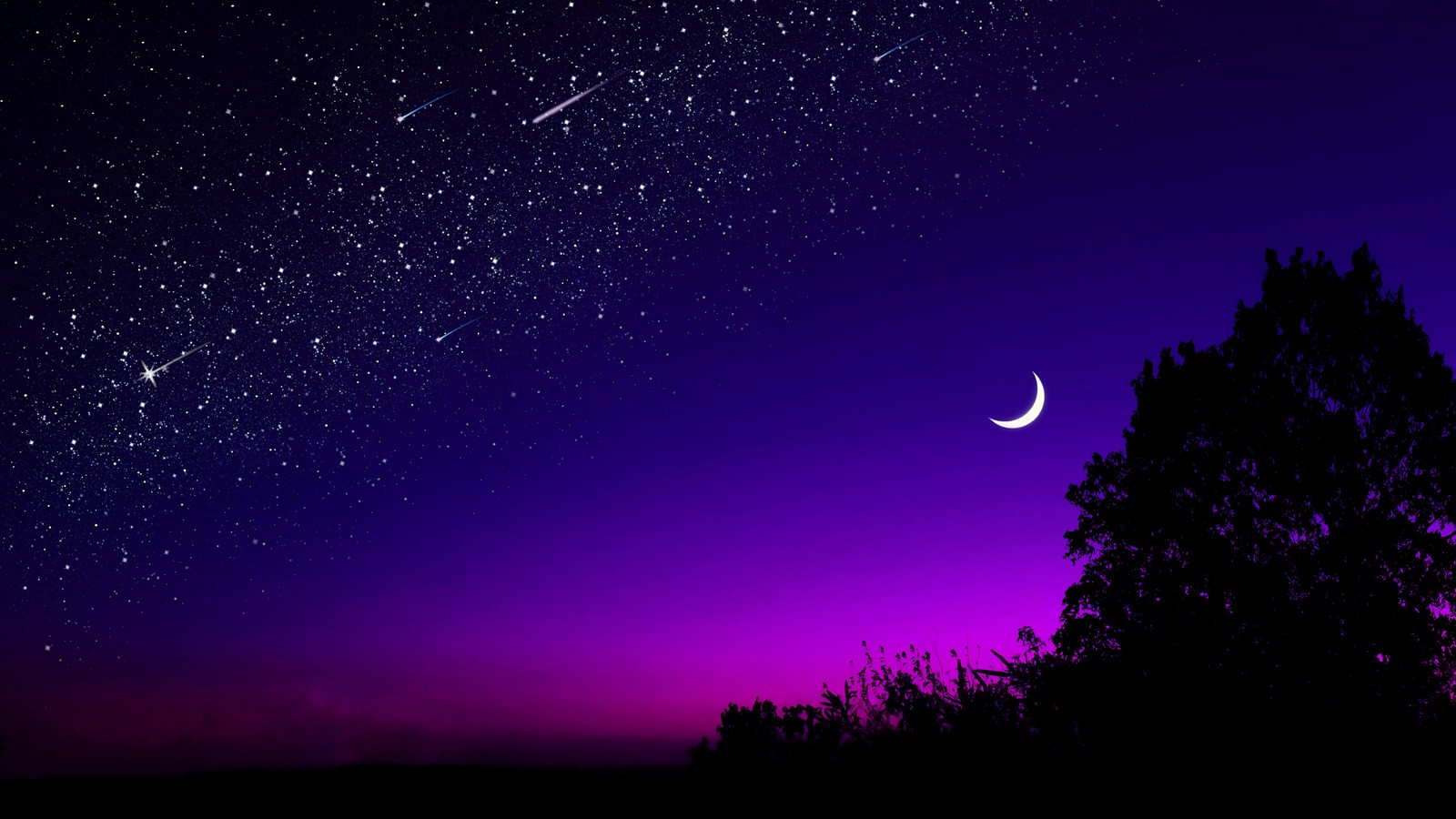 Ein lila und blauer himmel mit einem mond und sternen (nacht, schön, himmel, sterne, landschaft)