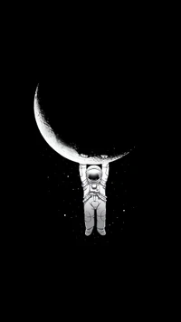 An Astronaut Grasping the Crescent Moon in a Dark Space