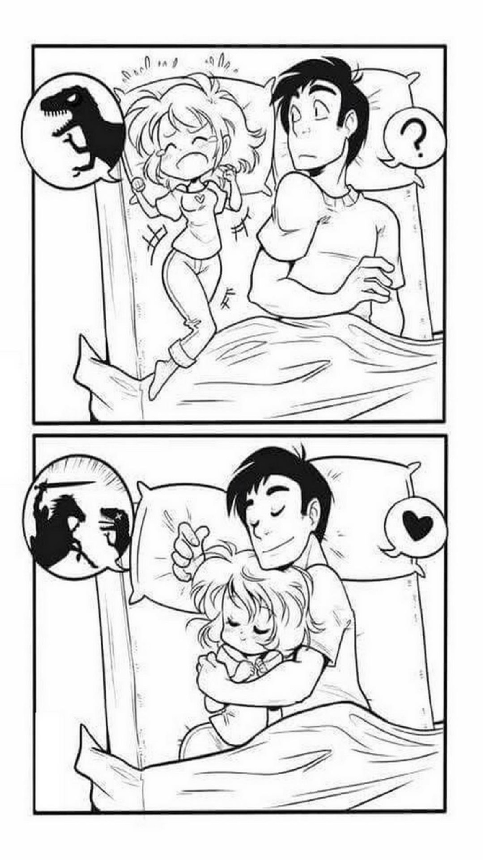 A comic strip with a cartoon of a man and woman in bed (fgh, ghf)