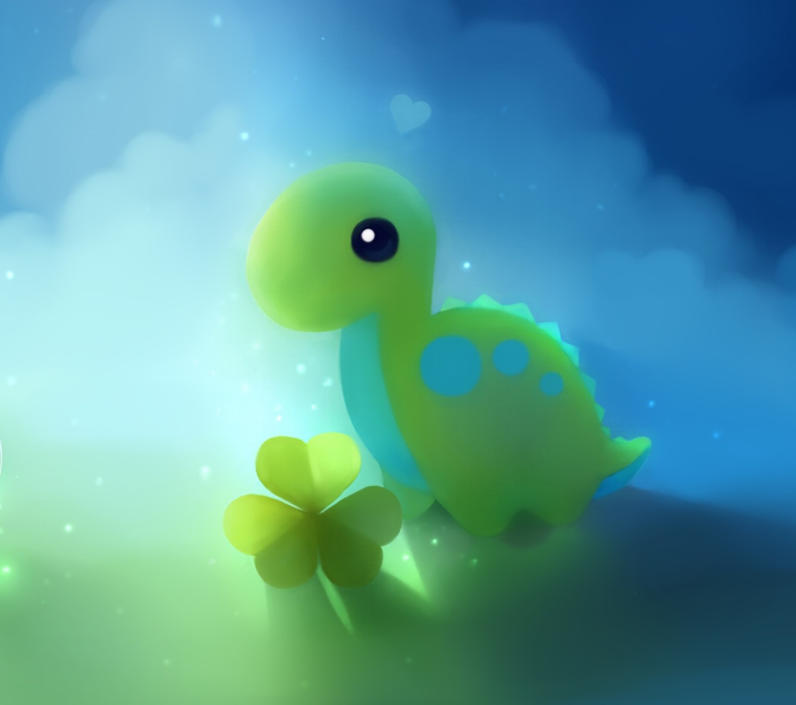 There is a small green turtle with a four leaf clover (blue, cute, dino, dinosaur, green)