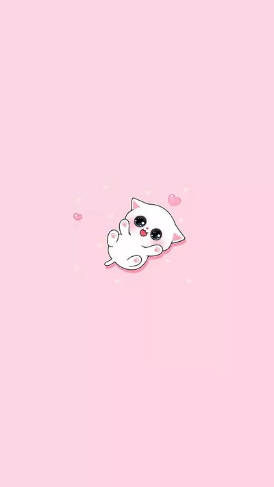 Linda gata de dibujos animados sobre un suave fondo rosa con corazones.