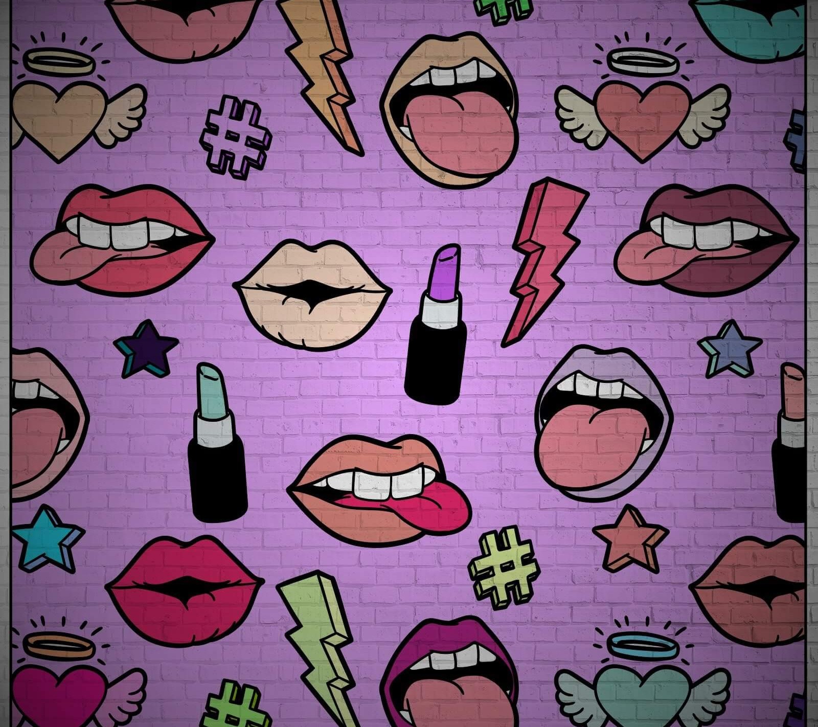 Un primer plano de una pared con varios lápices labiales y otros artículos (ángel, labios, lápiz labial, trueno, alas)