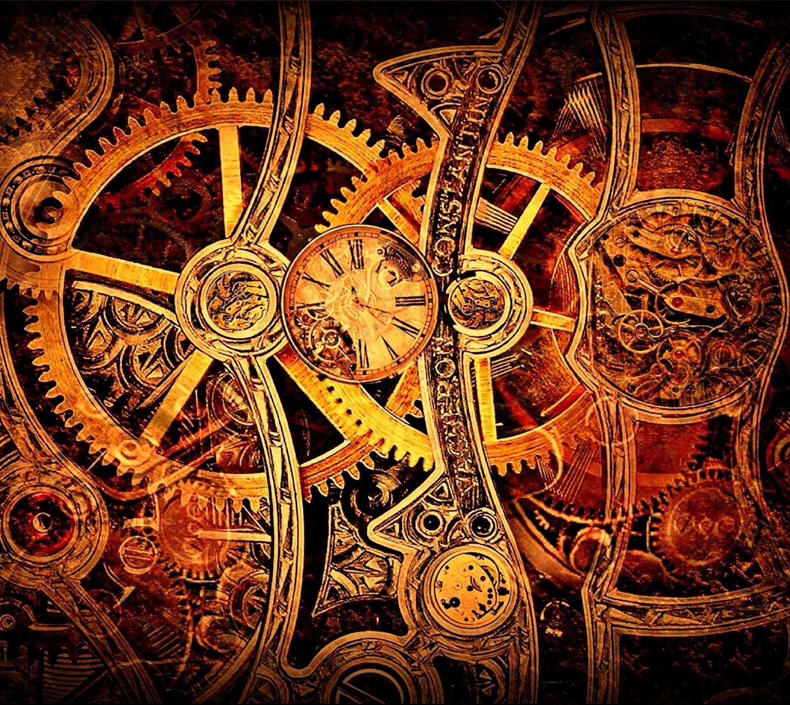 Gears and cogs are arranged in a pattern on a wall (clock, clockwork, gears, gold, watch)