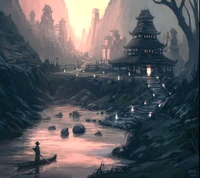 Serene Zen Village at Dusk Amidst Majestic Mountains