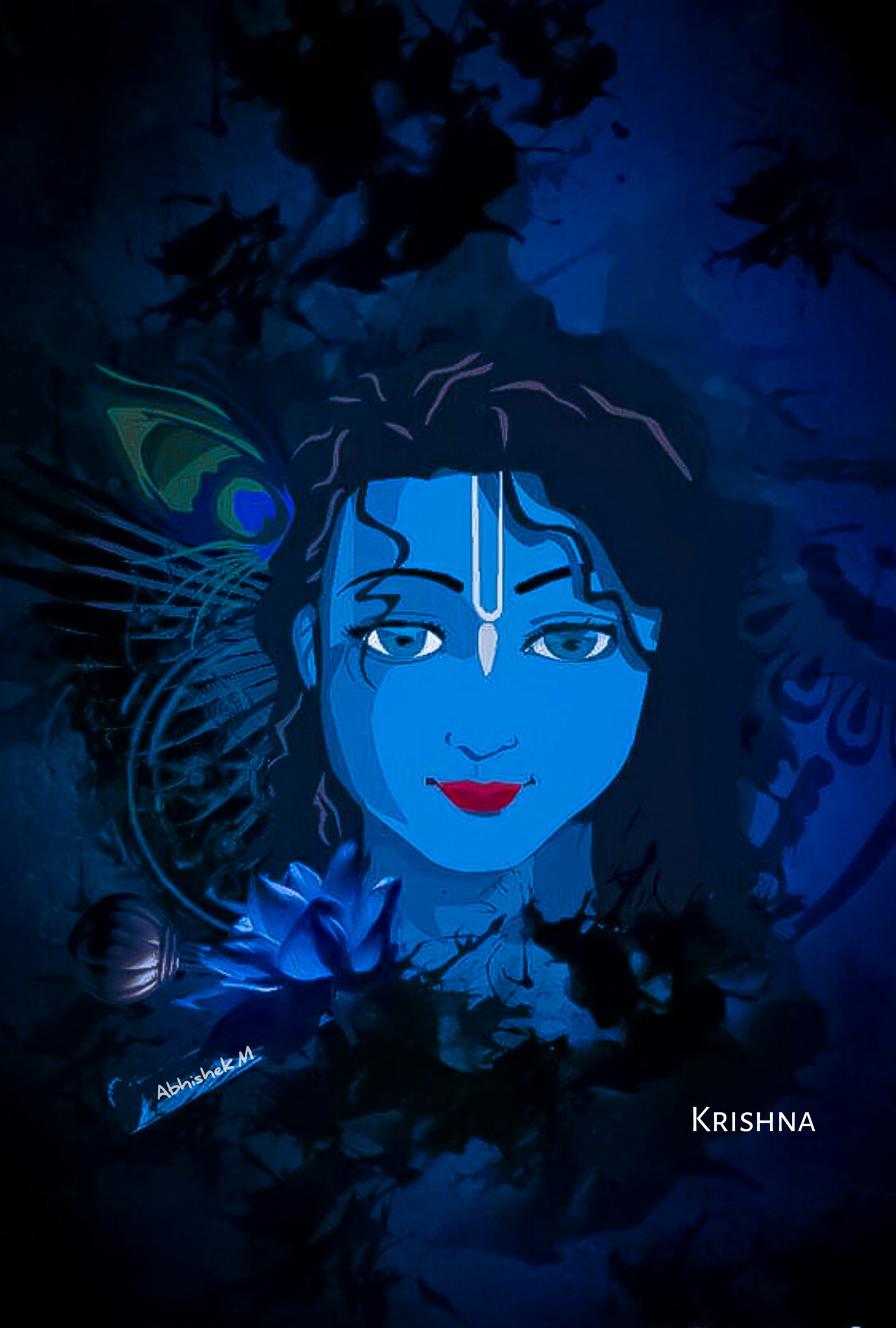 Une image arafed d'un avatar bleu de lord krishna avec une plume de paon (fond décran hd, janmashtami wallpapers, fonds décran hd krishna, sonneries de krishna, krishna wallpaper)