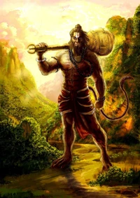 A powerful depiction of an Indian god, embodying strength and devotion, set against a lush, mystical landscape.